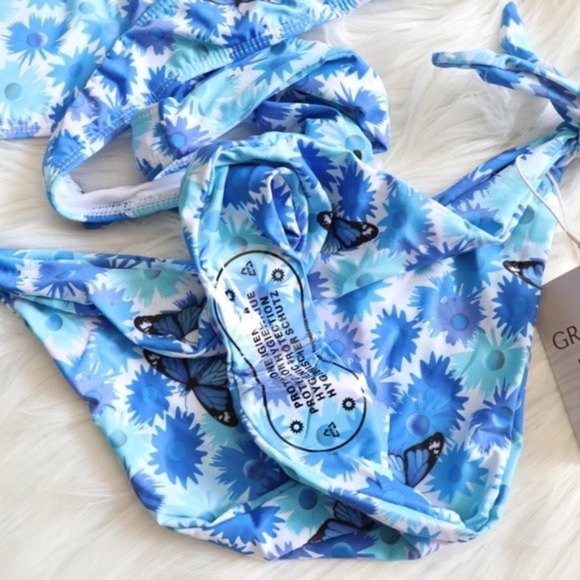White Blue Butterfly Floral Strappy Wrap Bikini Bathing Suit Set Size Medium - Picture 7 of 8